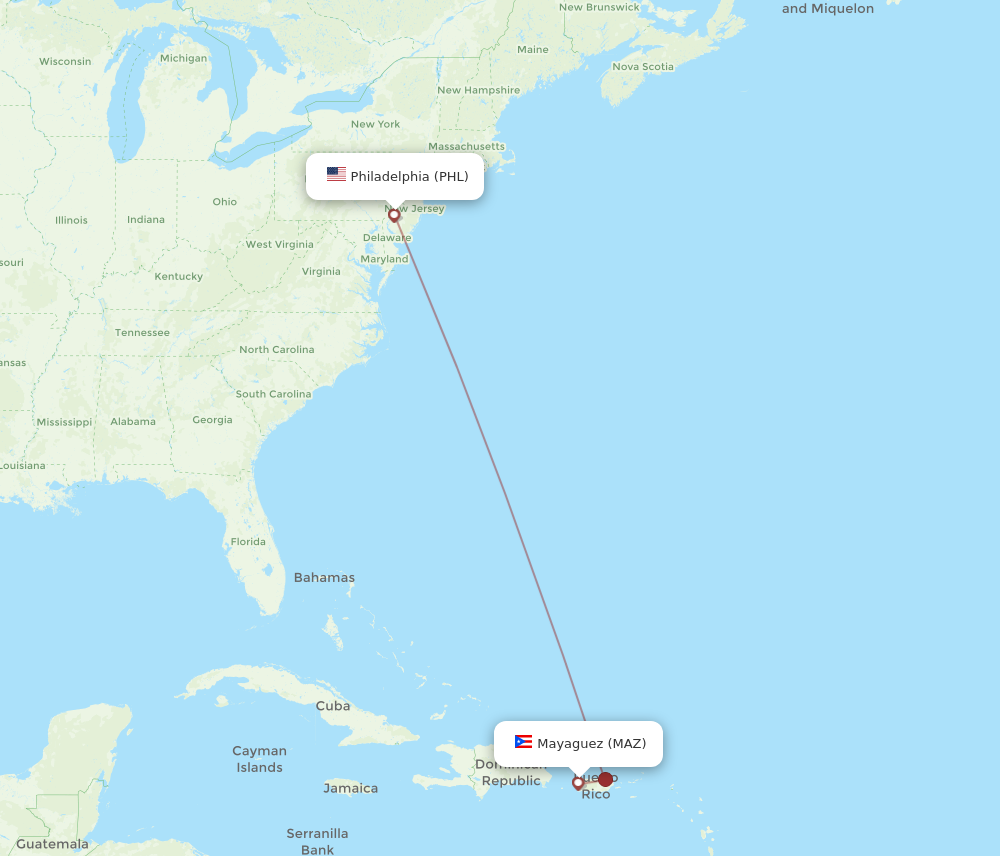 MAZ to PHL flights and routes map
