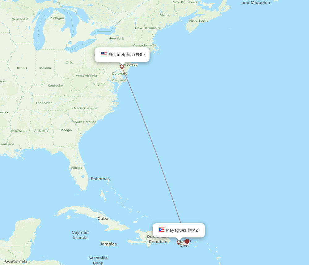 MAZ to PHL flights and routes map