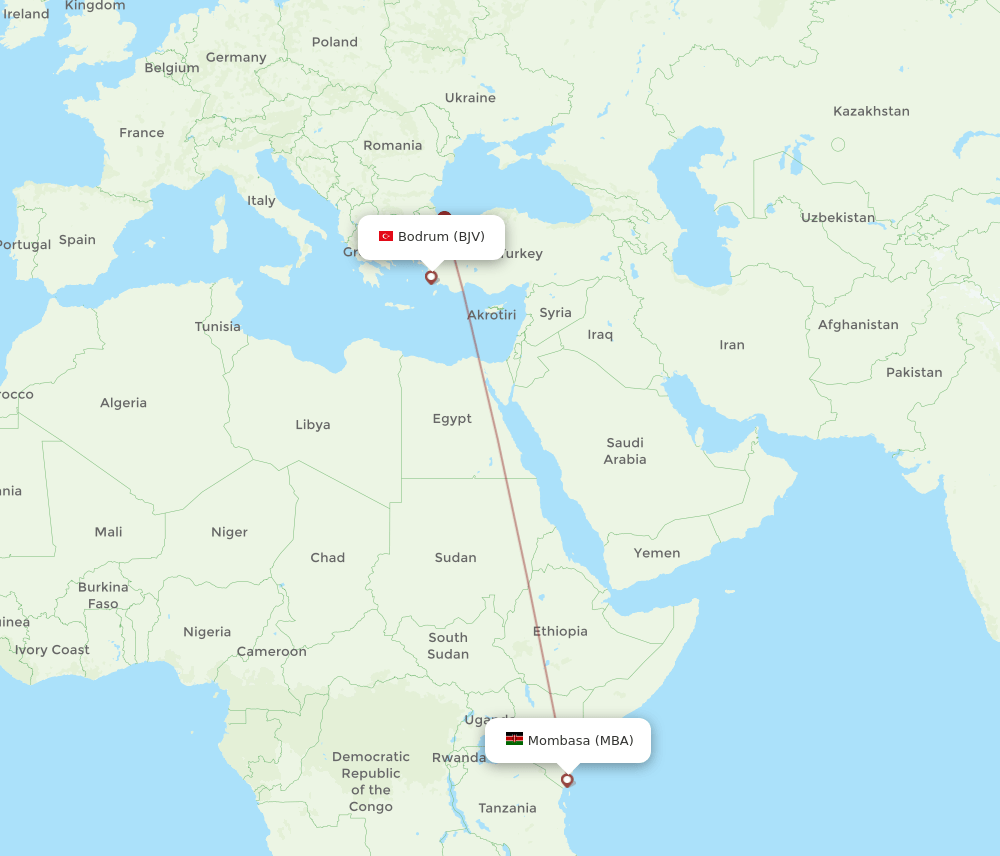 Mombasa - Bodrum route map and flight paths