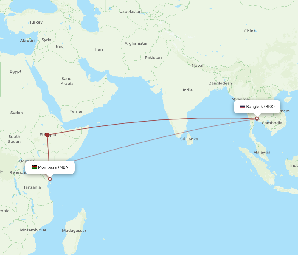 MBA to BKK flights and routes map