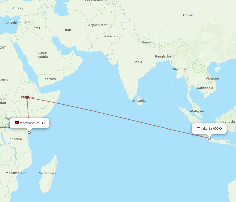 Jakarta - Mombasa route map and flight paths