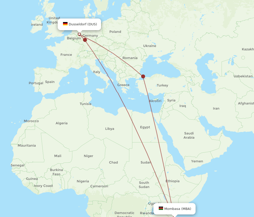 MBA-DUS flight routes