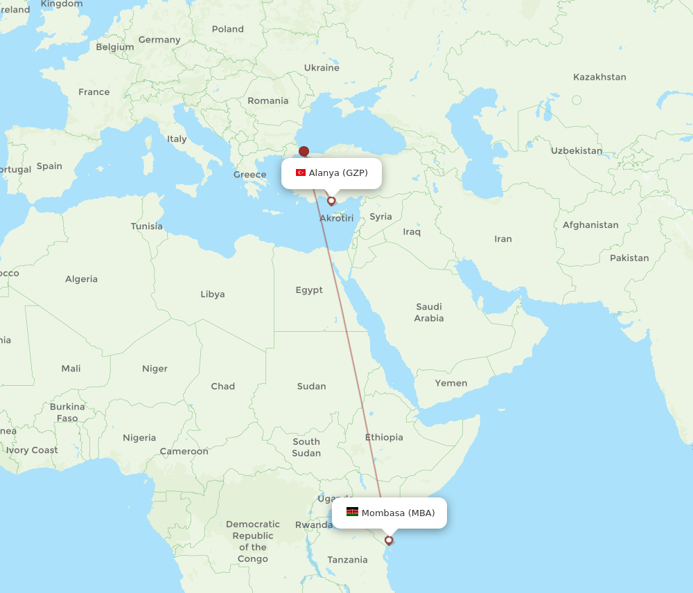 Mombasa - Gazipasa route map and flight paths