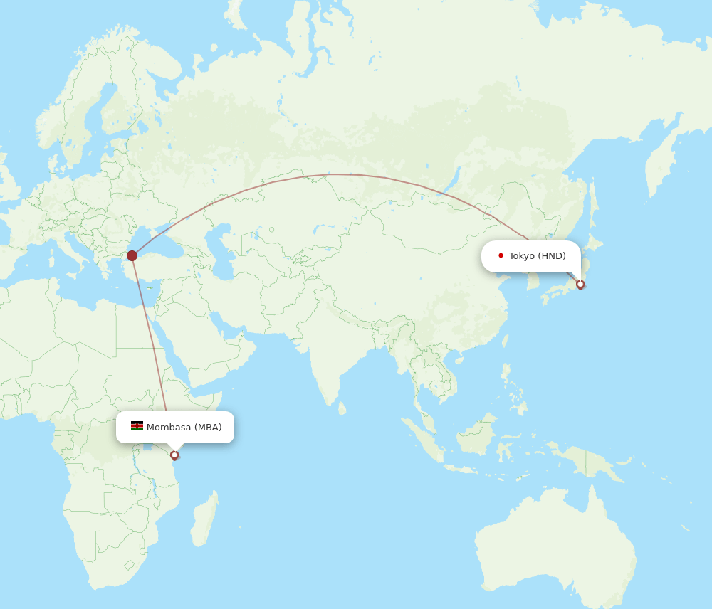 Tokyo - Mombasa route map and flight paths