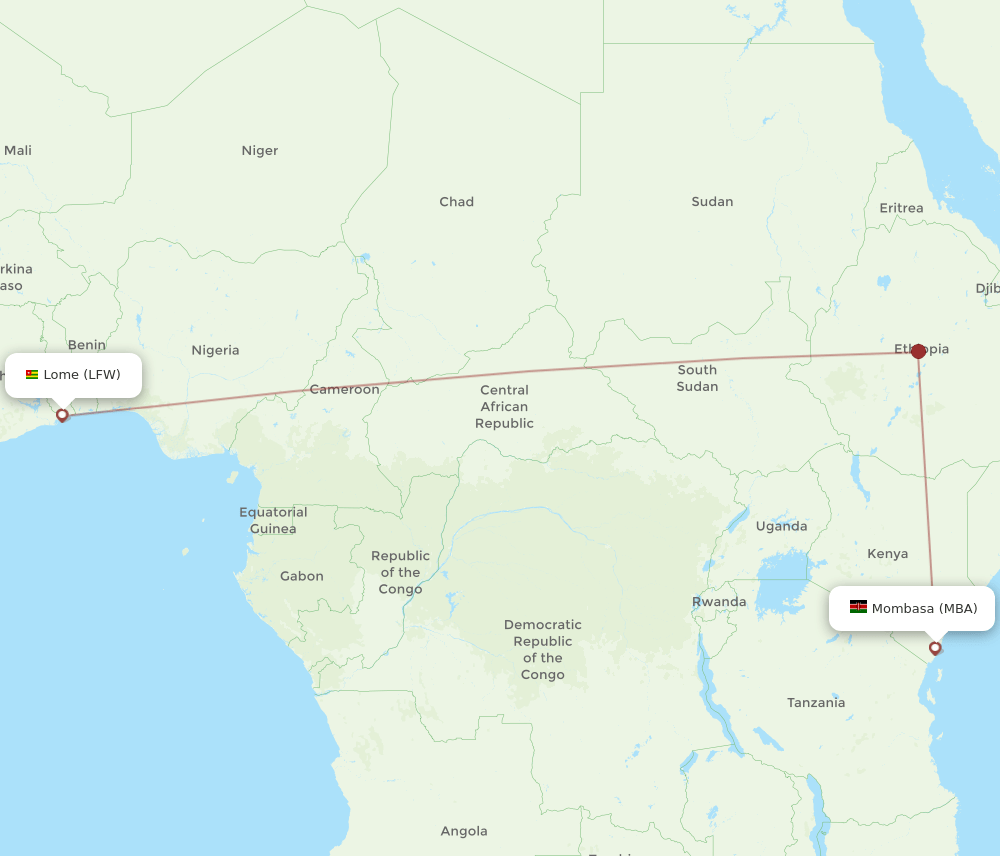 Lome - Mombasa route map and flight paths