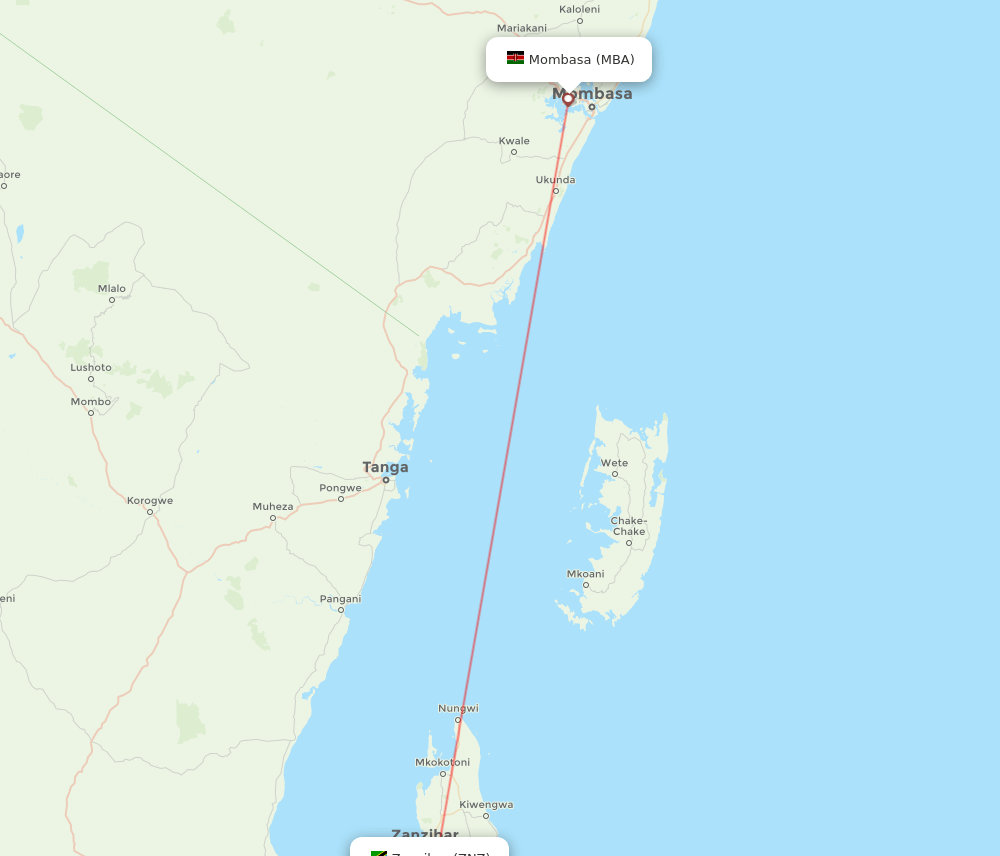 Mombasa - Zanzibar route map and flight paths