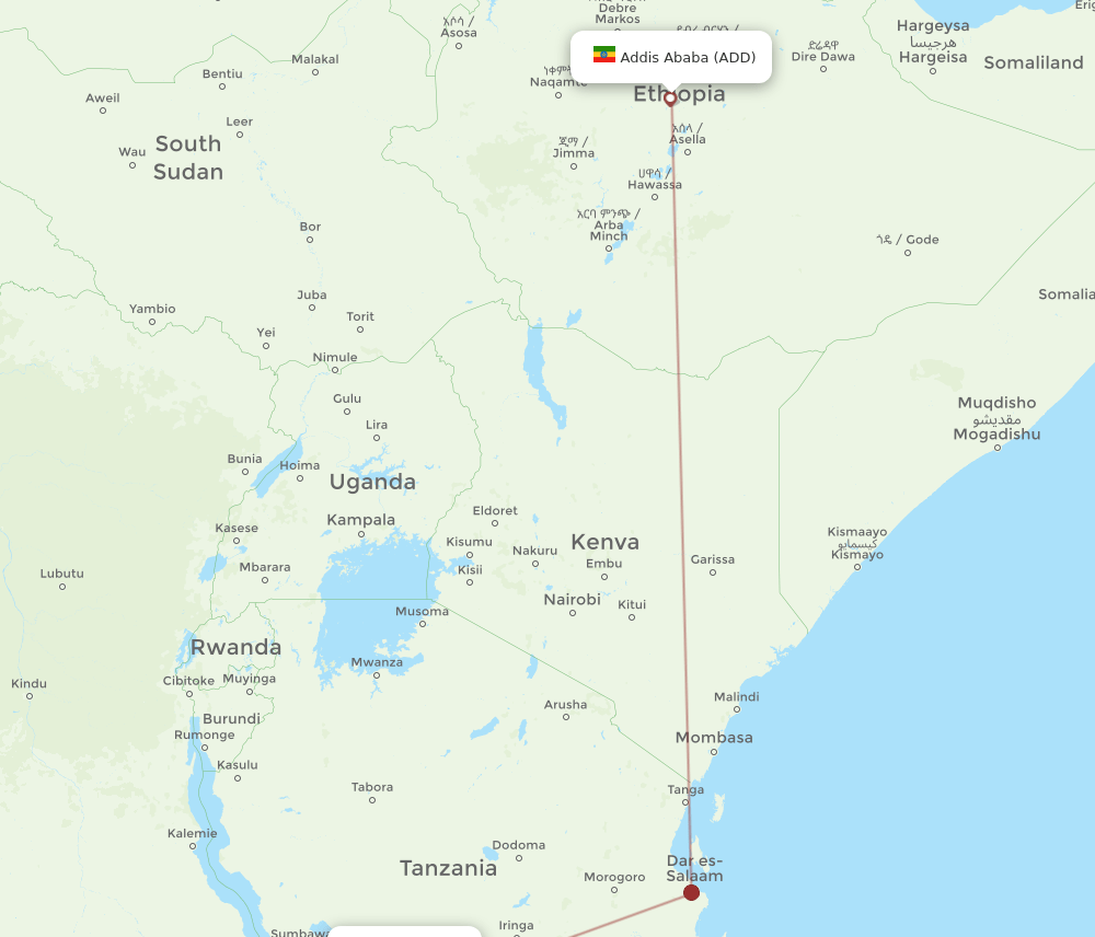 Addis Ababa - Mbeya route map and flight paths