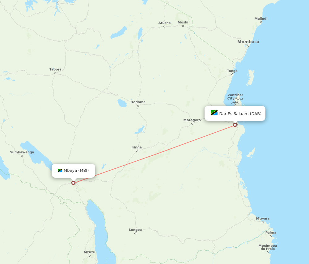 MBI to DAR flights and routes map