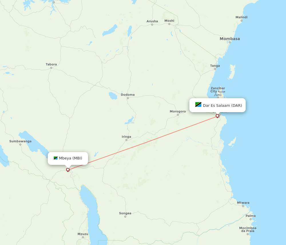Mbeya - Dar Es Salaam route map and flight paths
