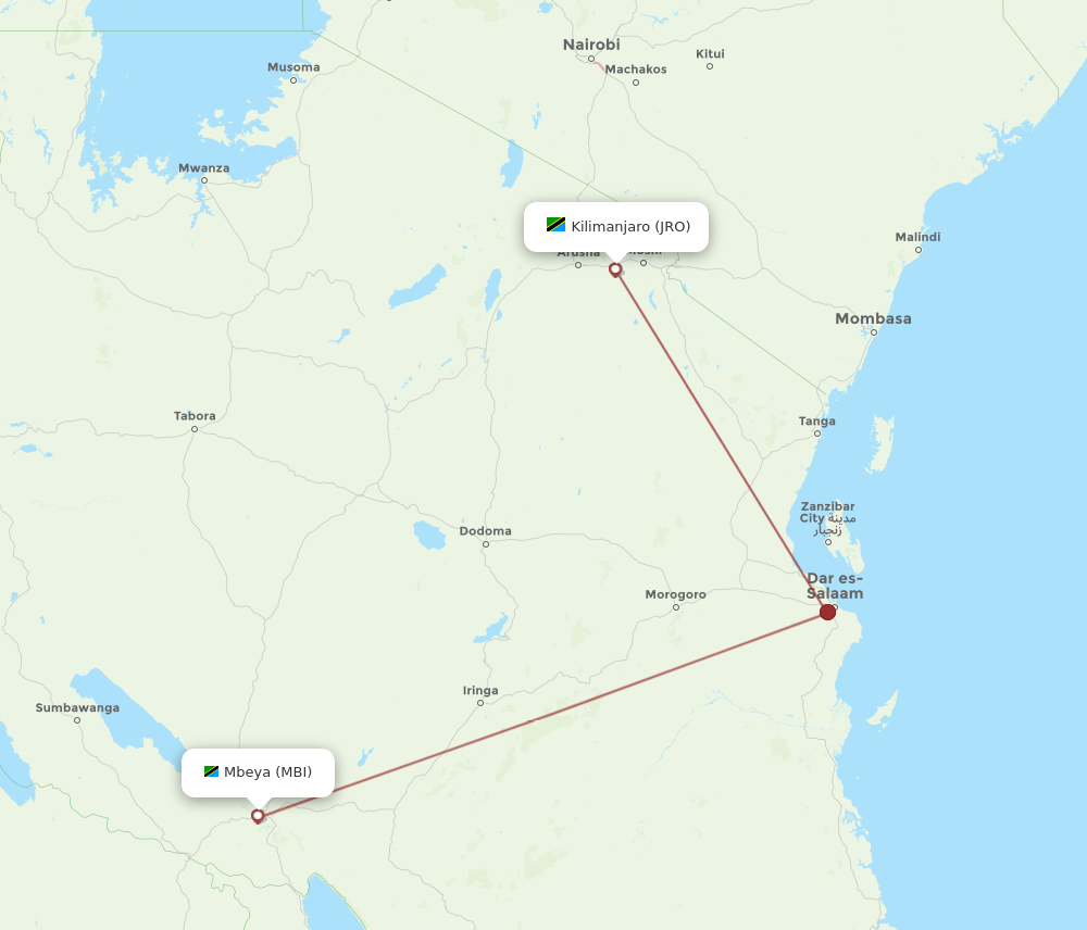 MBI to JRO flights and routes map