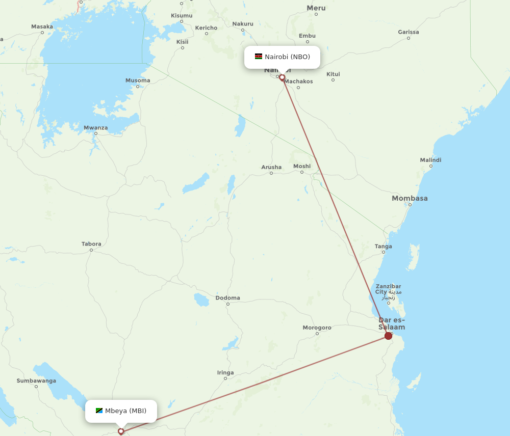 MBI to NBO flights and routes map