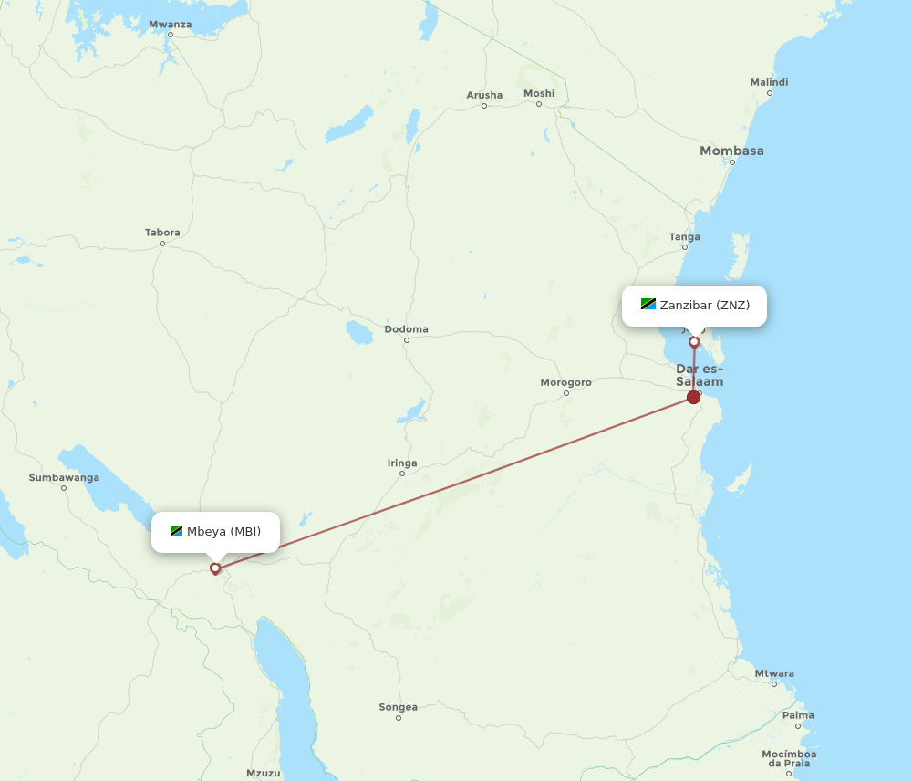 ZNZ to MBI flights and routes map