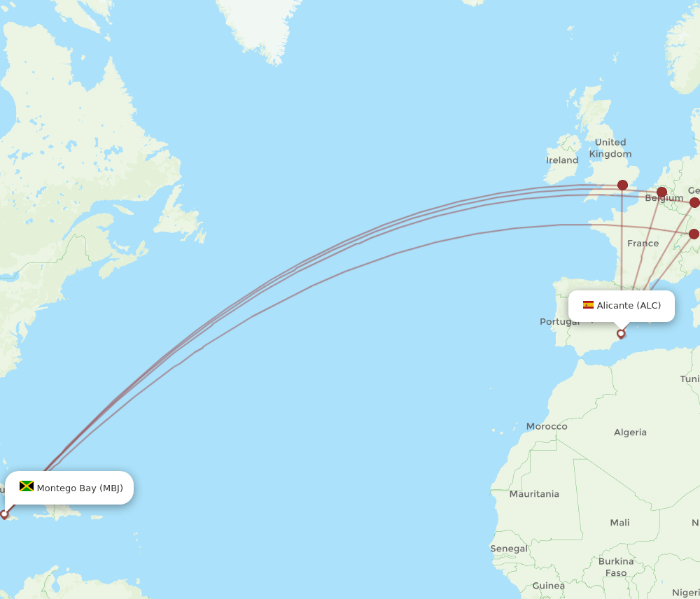Alicante - Montego Bay route map and flight paths