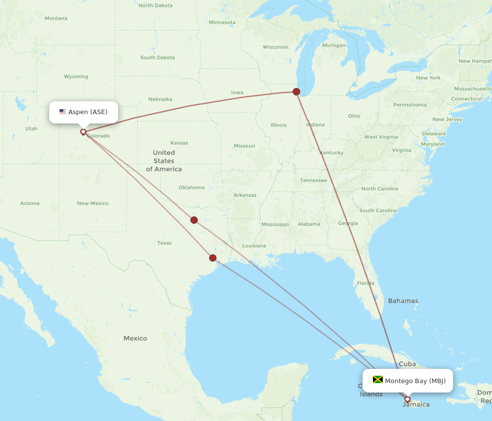 MBJ to ASE flights and routes map
