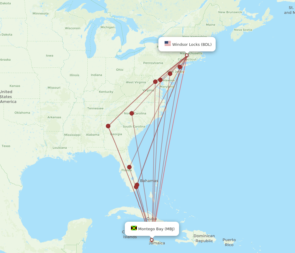 MBJ-BDL flight routes