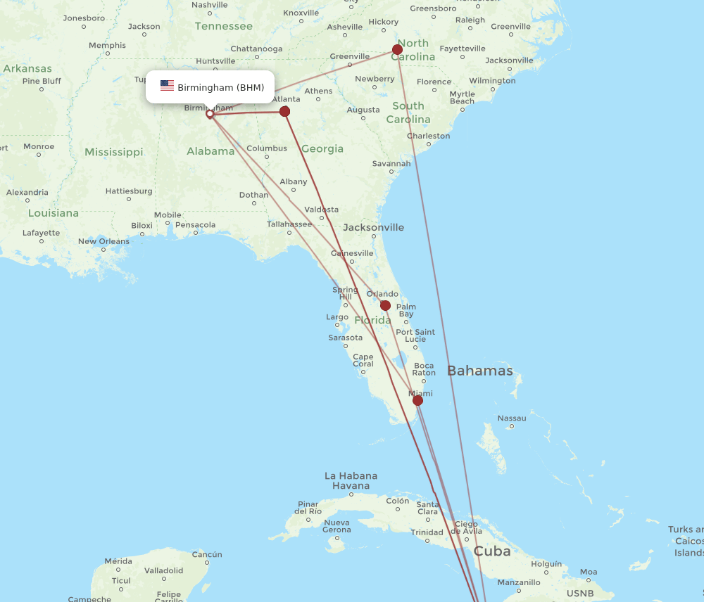 MBJ to BHM flights and routes map