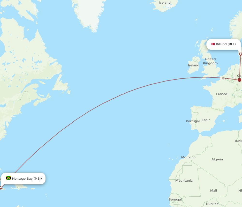 MBJ to BLL flights and routes map