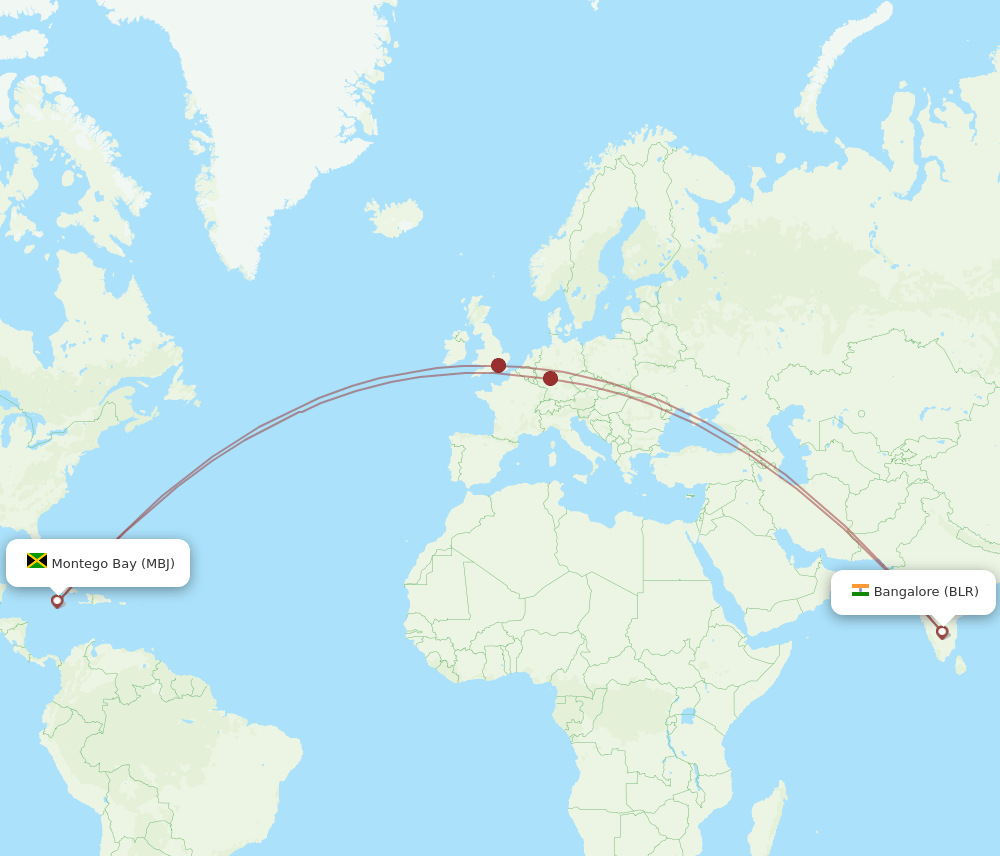 MBJ to BLR flights and routes map