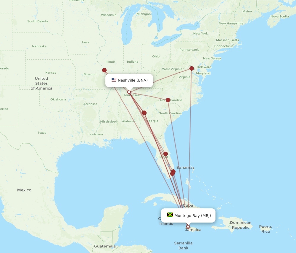 MBJ-BNA flight routes