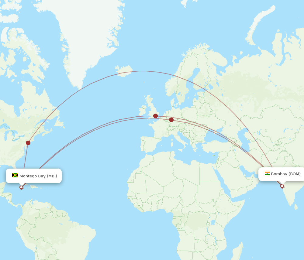 MBJ to BOM flights and routes map