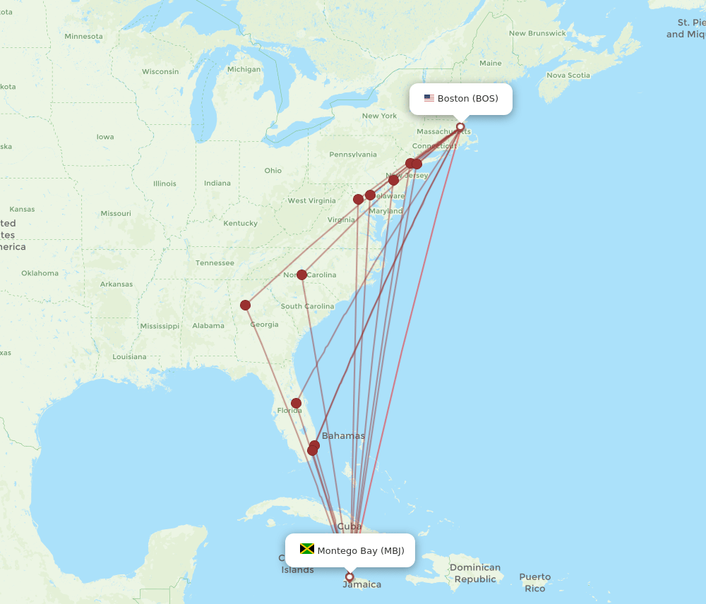 MBJ-BOS flight routes