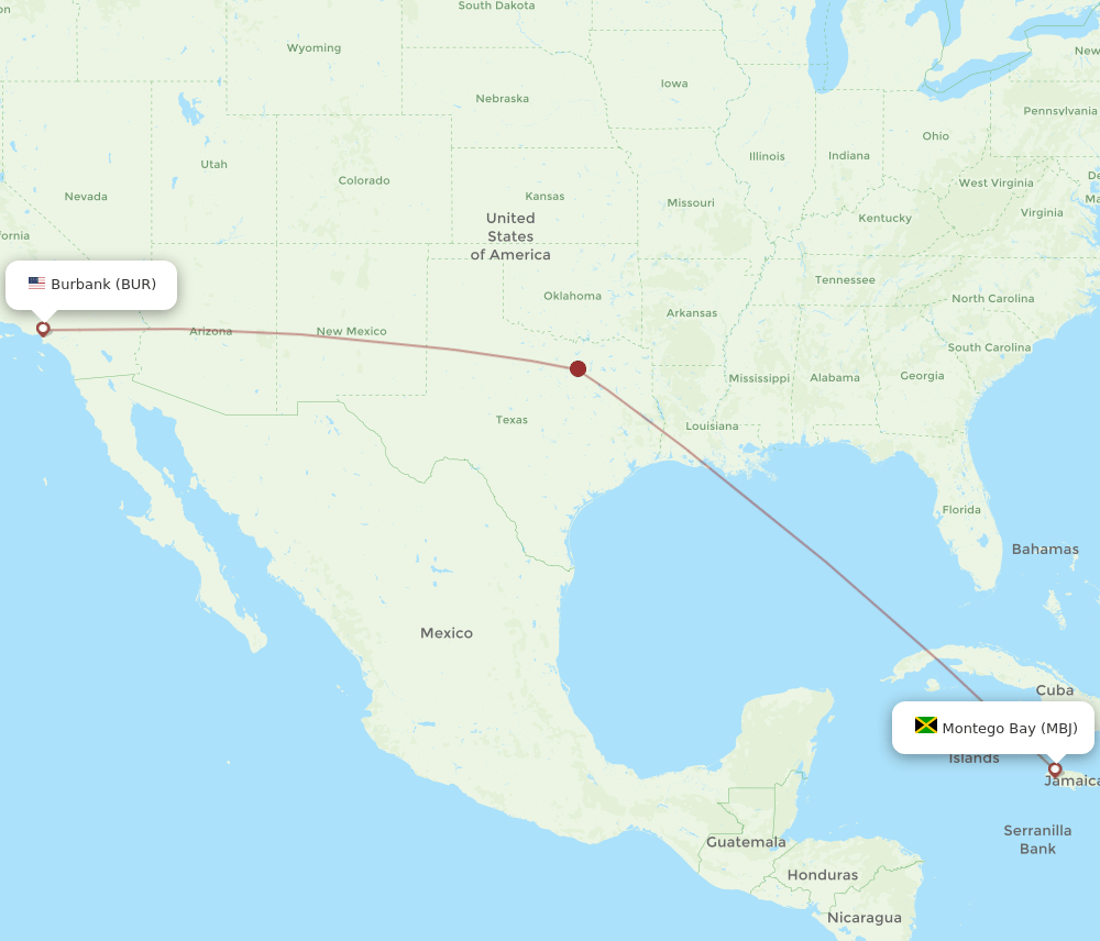 Burbank - Montego Bay route map and flight paths