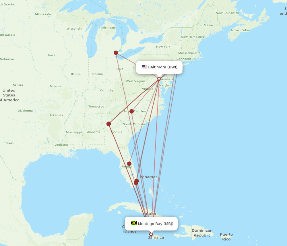 MBJ-BWI flight routes