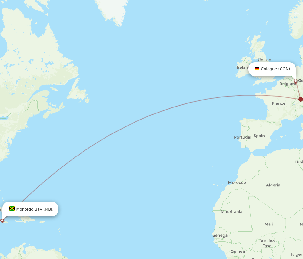 Cologne - Montego Bay route map and flight paths