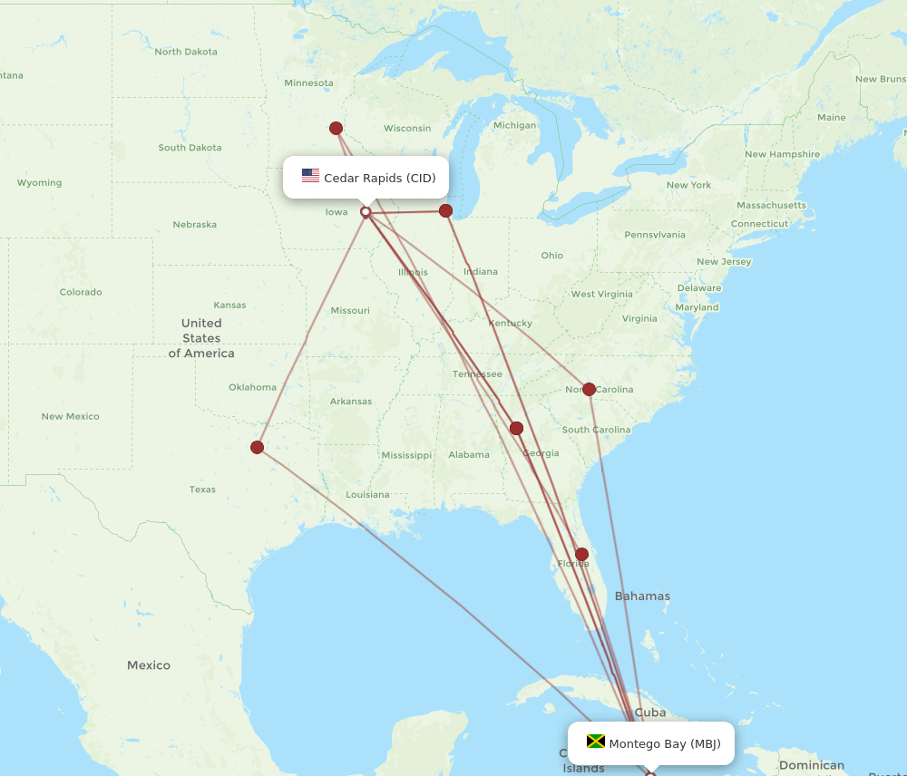 MBJ to CID flights and routes map