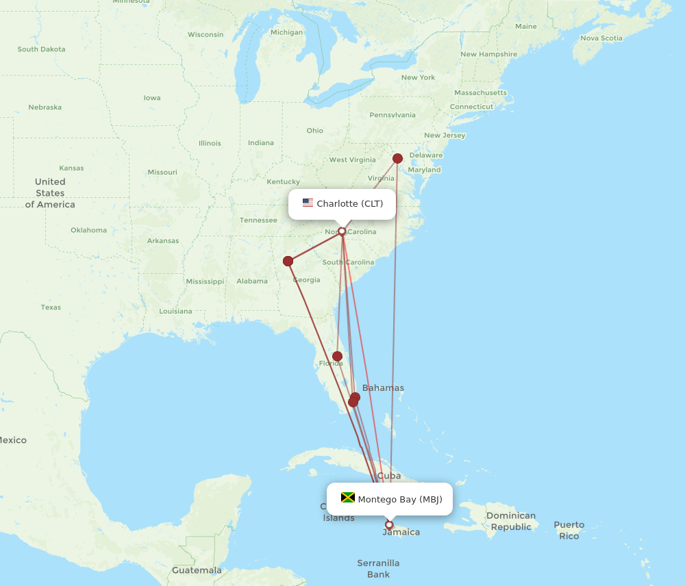 MBJ-CLT flight routes