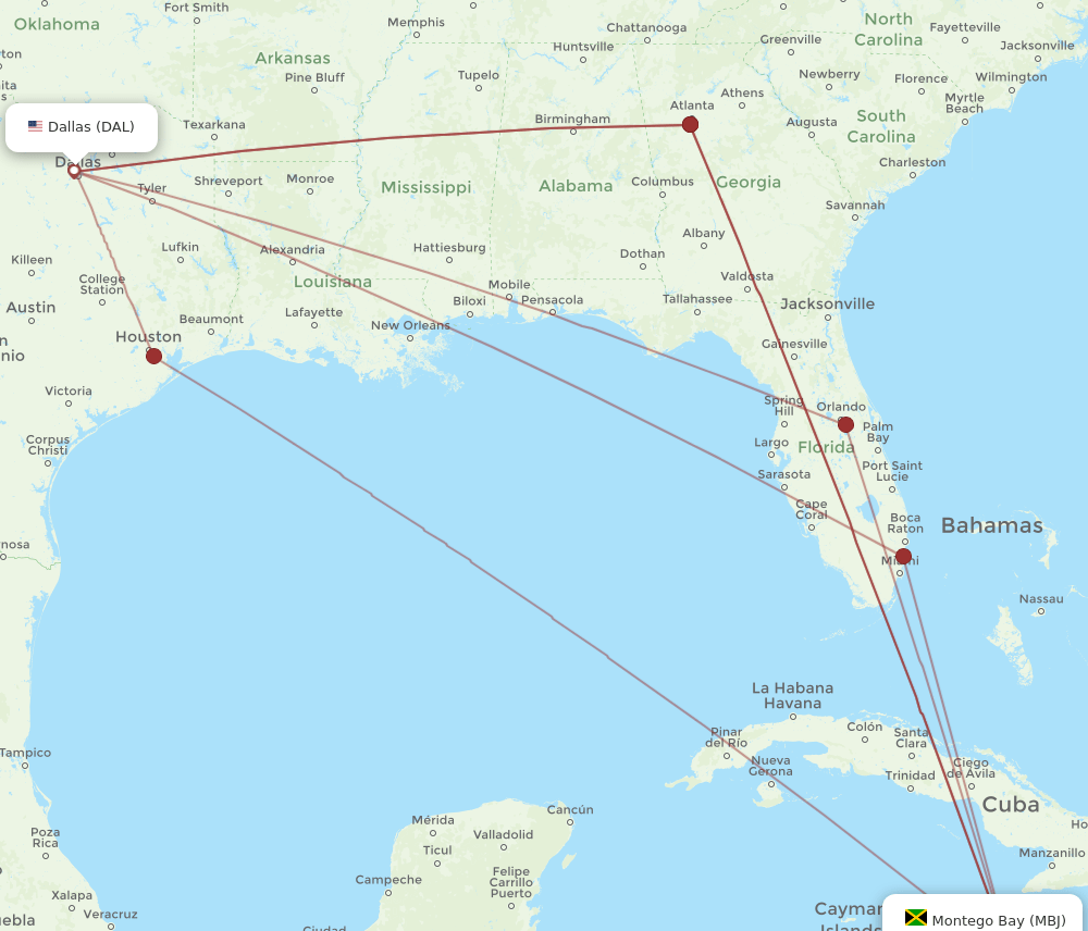 MBJ-DAL flight routes