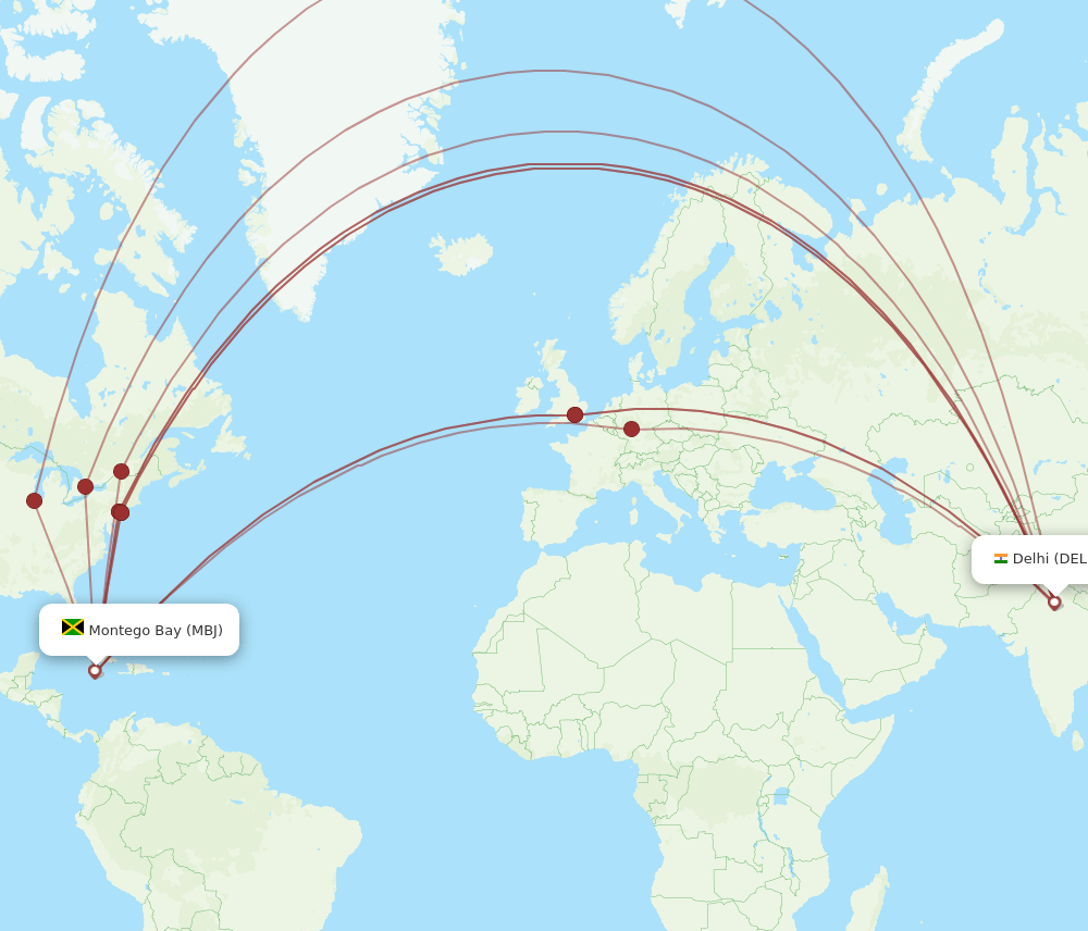 MBJ to DEL flights and routes map