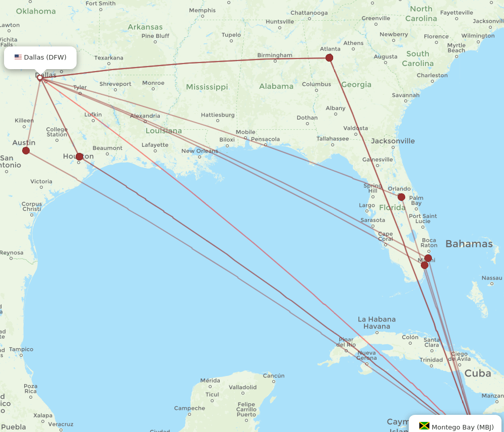 MBJ to DFW flights and routes map