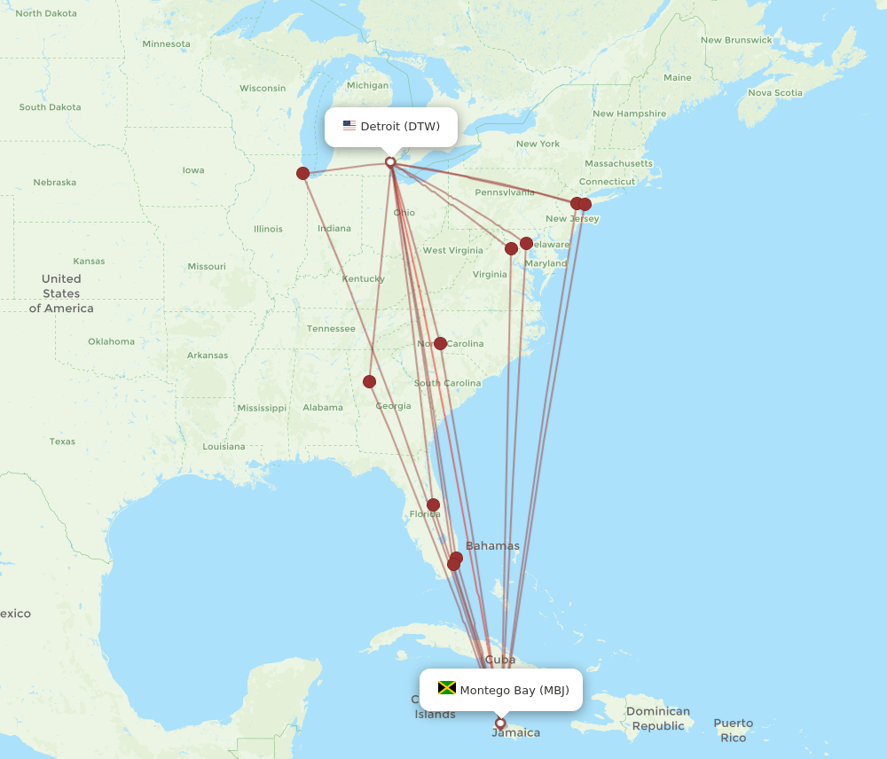 MBJ to DTW flights and routes map