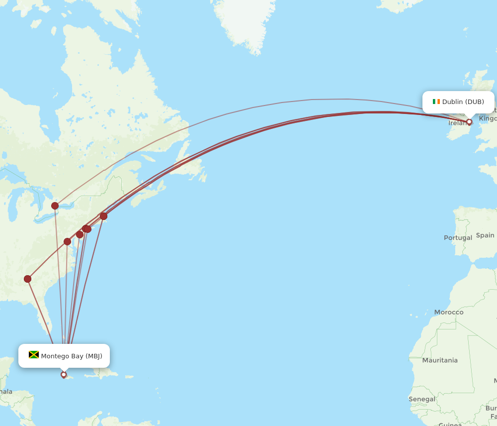 MBJ to DUB flights and routes map