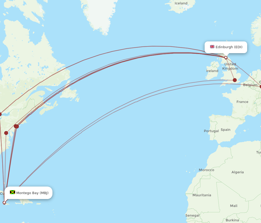MBJ to EDI flights and routes map