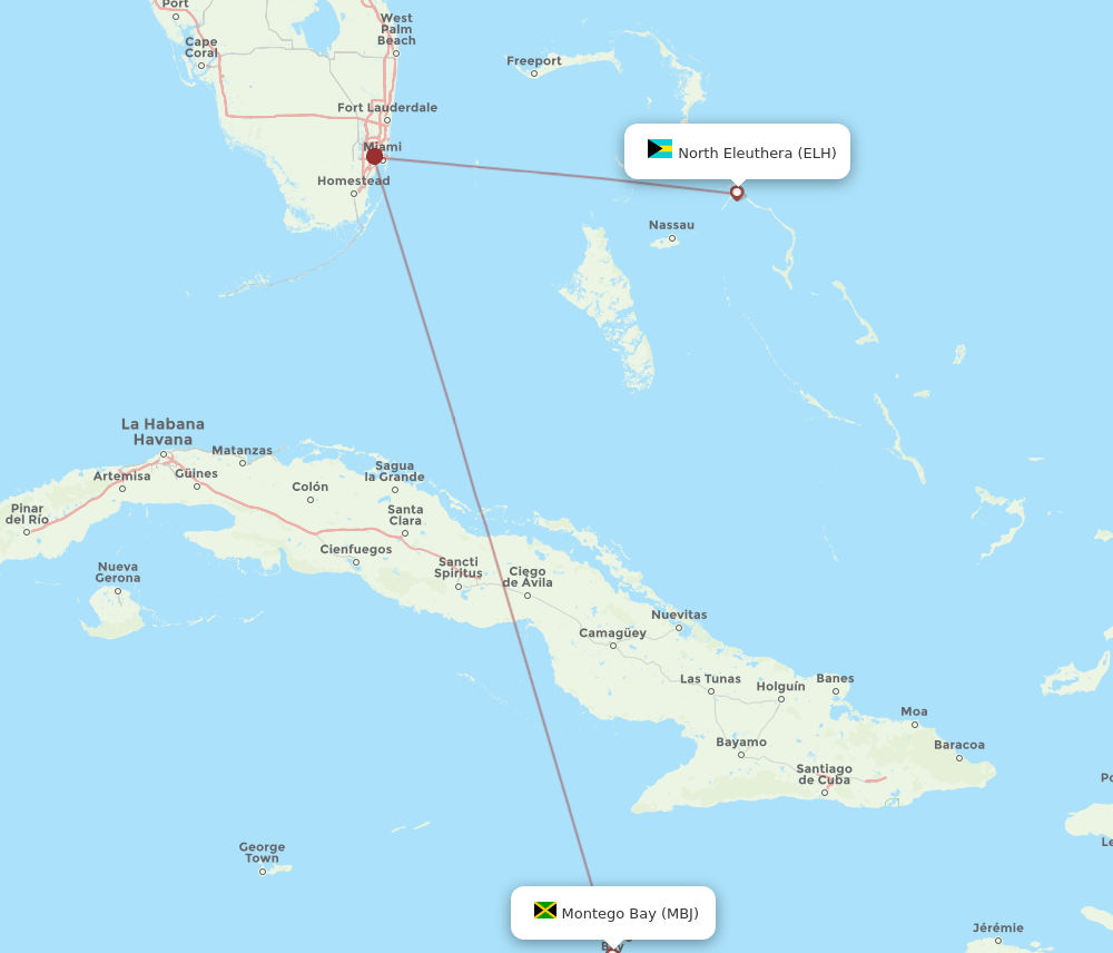 Montego Bay - North Eleuthera route map and flight paths
