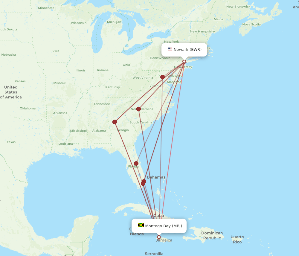 MBJ to EWR flights and routes map