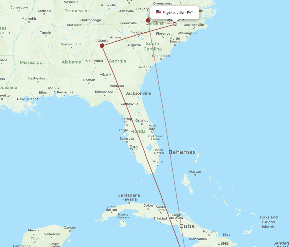 MBJ to FAY flights and routes map