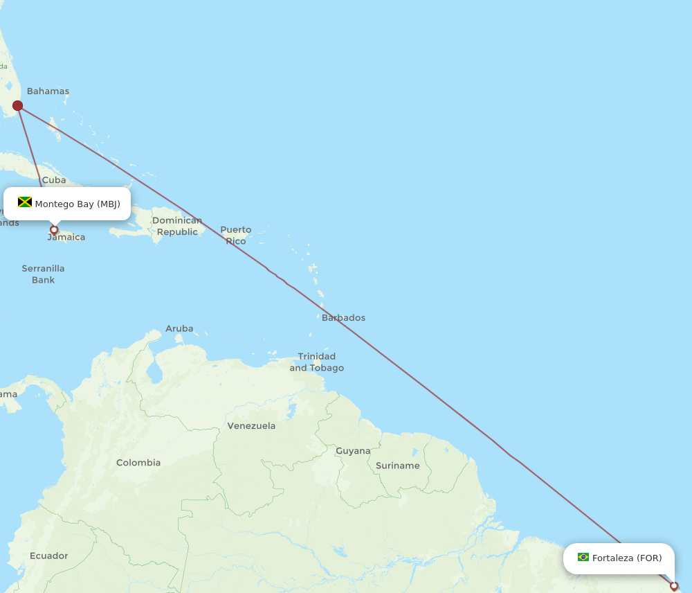 Fortaleza - Montego Bay route map and flight paths