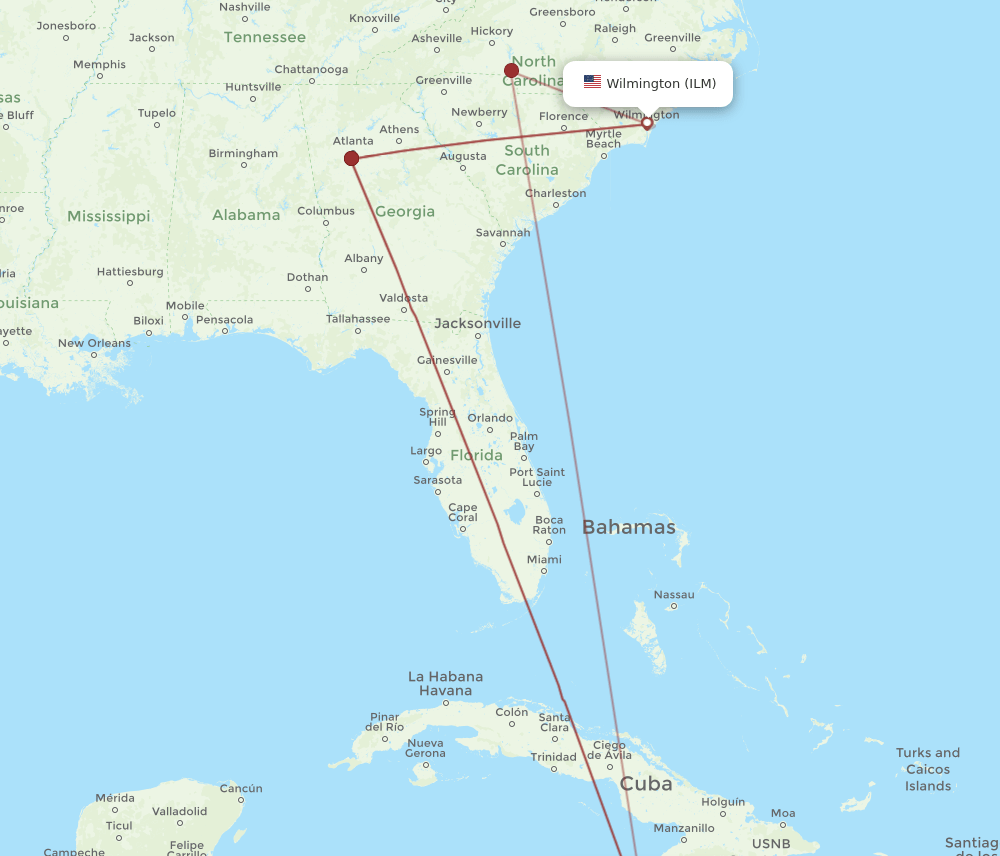 MBJ to ILM flights and routes map
