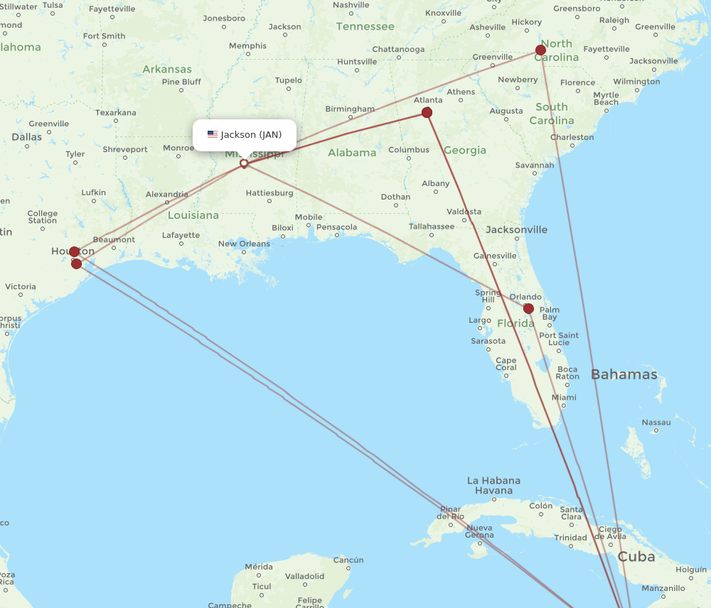 MBJ-JAN flight routes