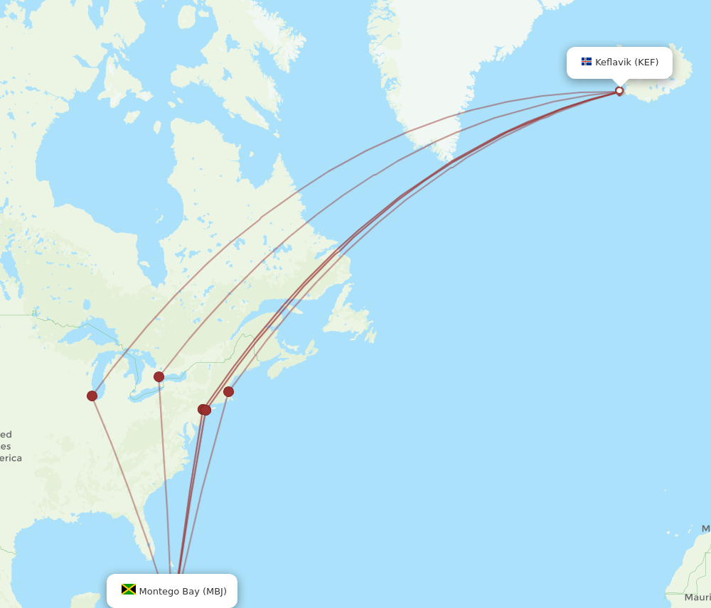 MBJ-KEF flight routes