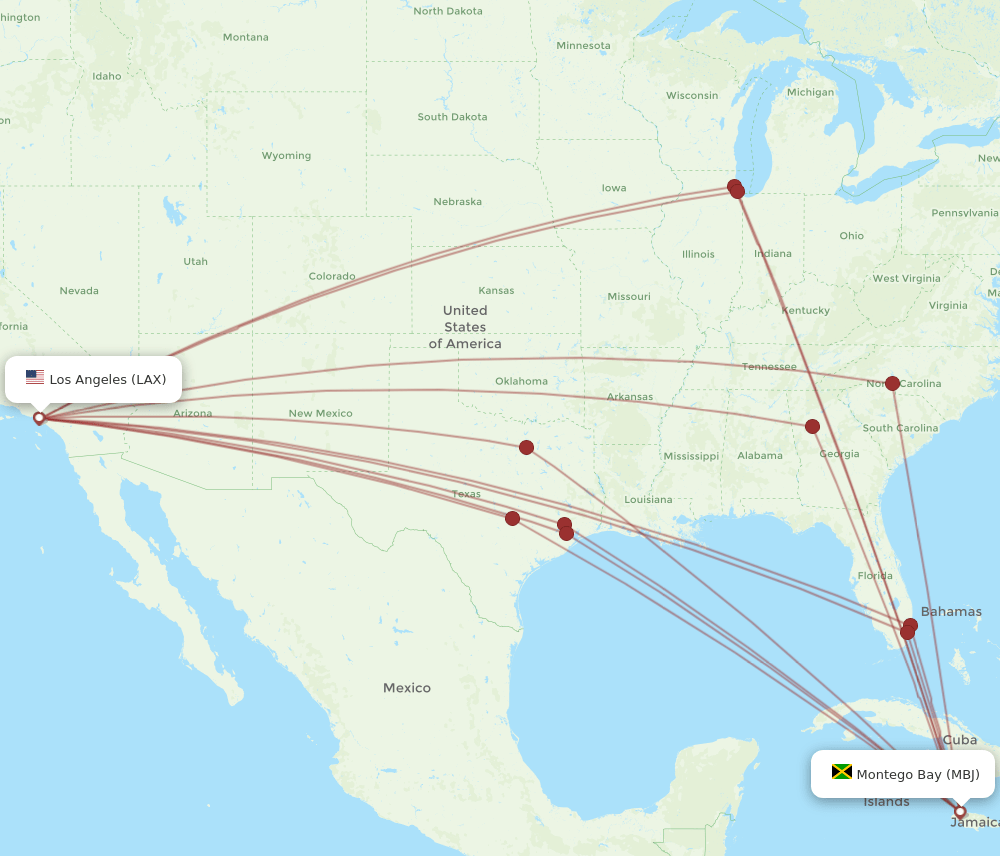 MBJ to LAX flights and routes map