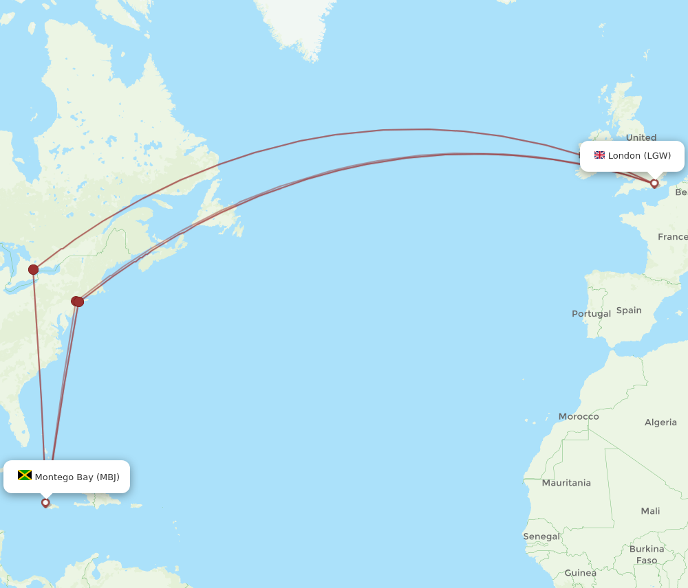 MBJ to LGW flights and routes map