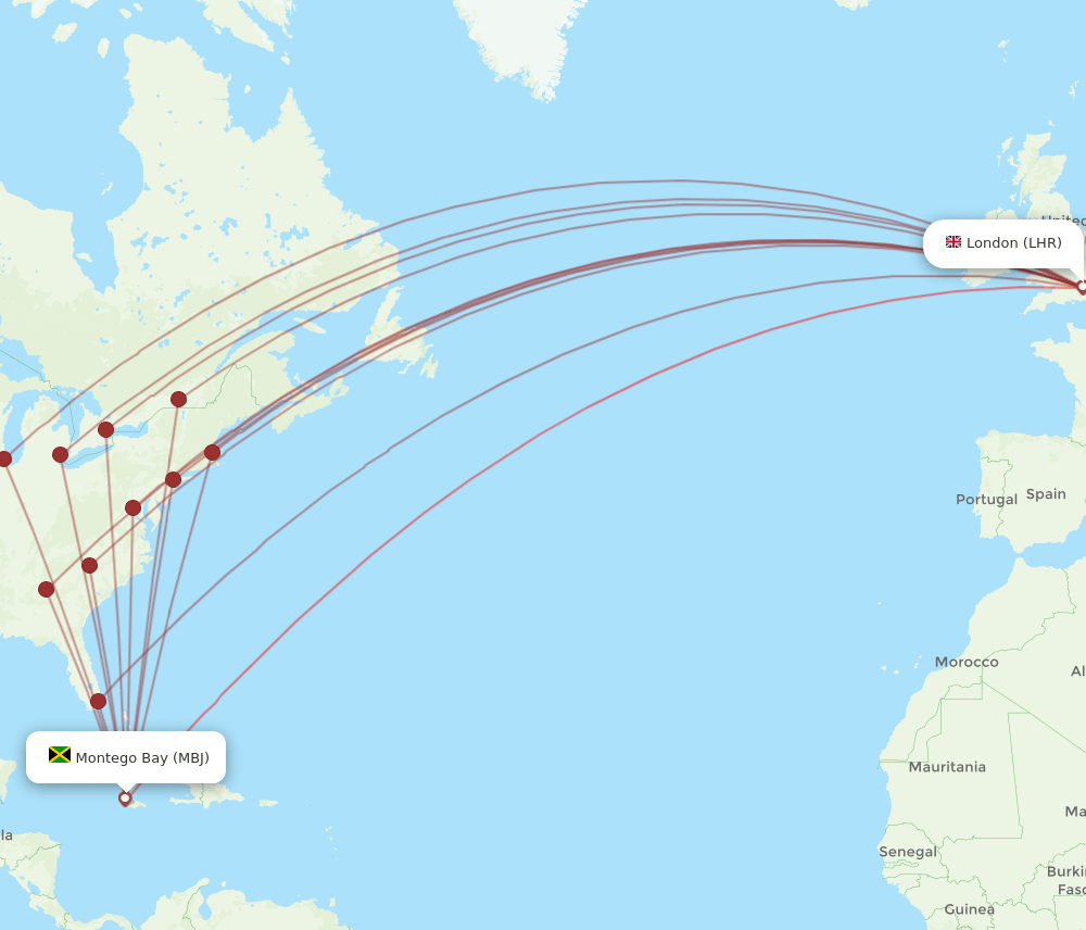 MBJ-LHR flight routes