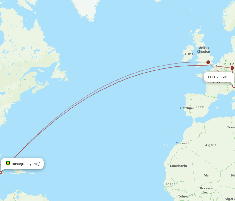 MBJ to LIN flights and routes map