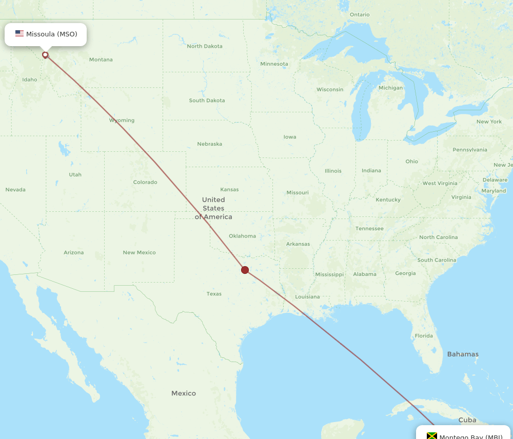Missoula - Montego Bay route map and flight paths