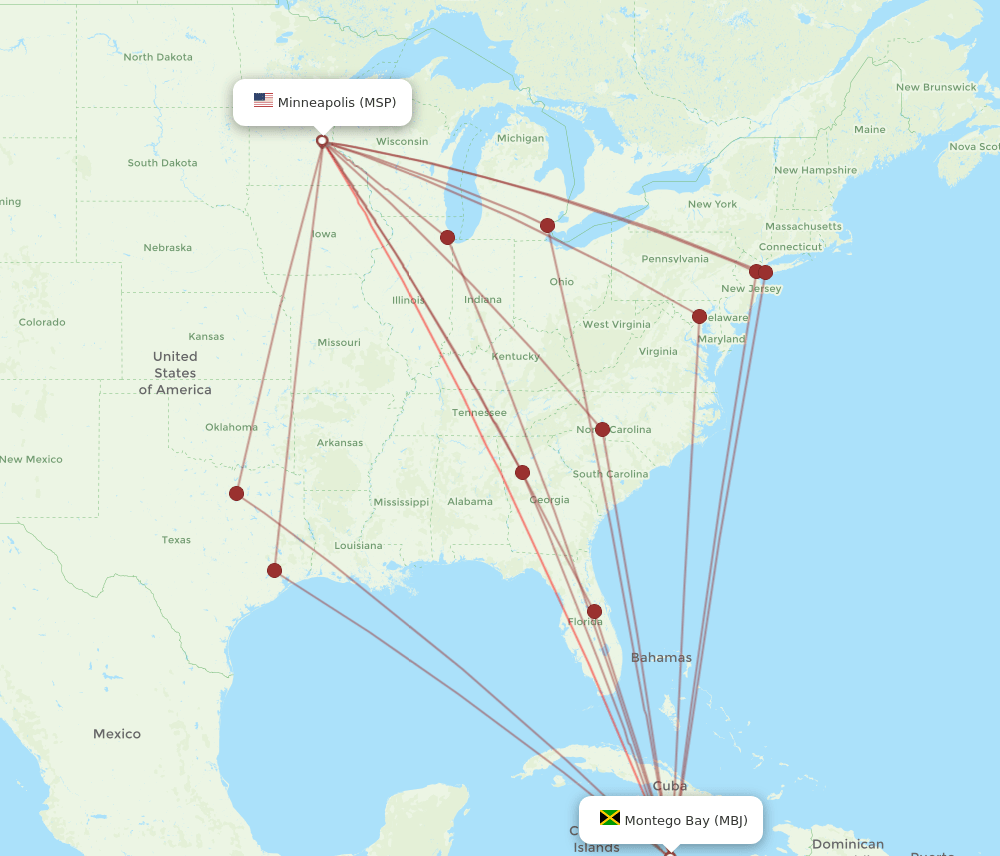 MBJ to MSP flights and routes map