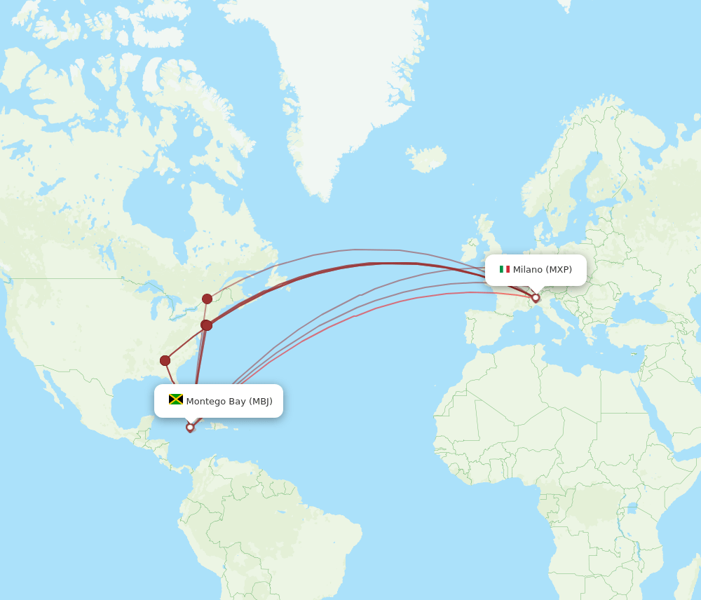 MBJ to MXP flights and routes map